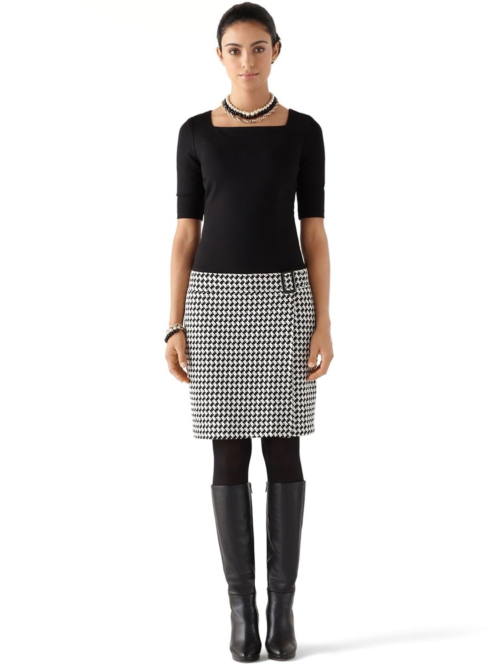 WHBM Black and Ecru Houndstooth Drop Waist Shift